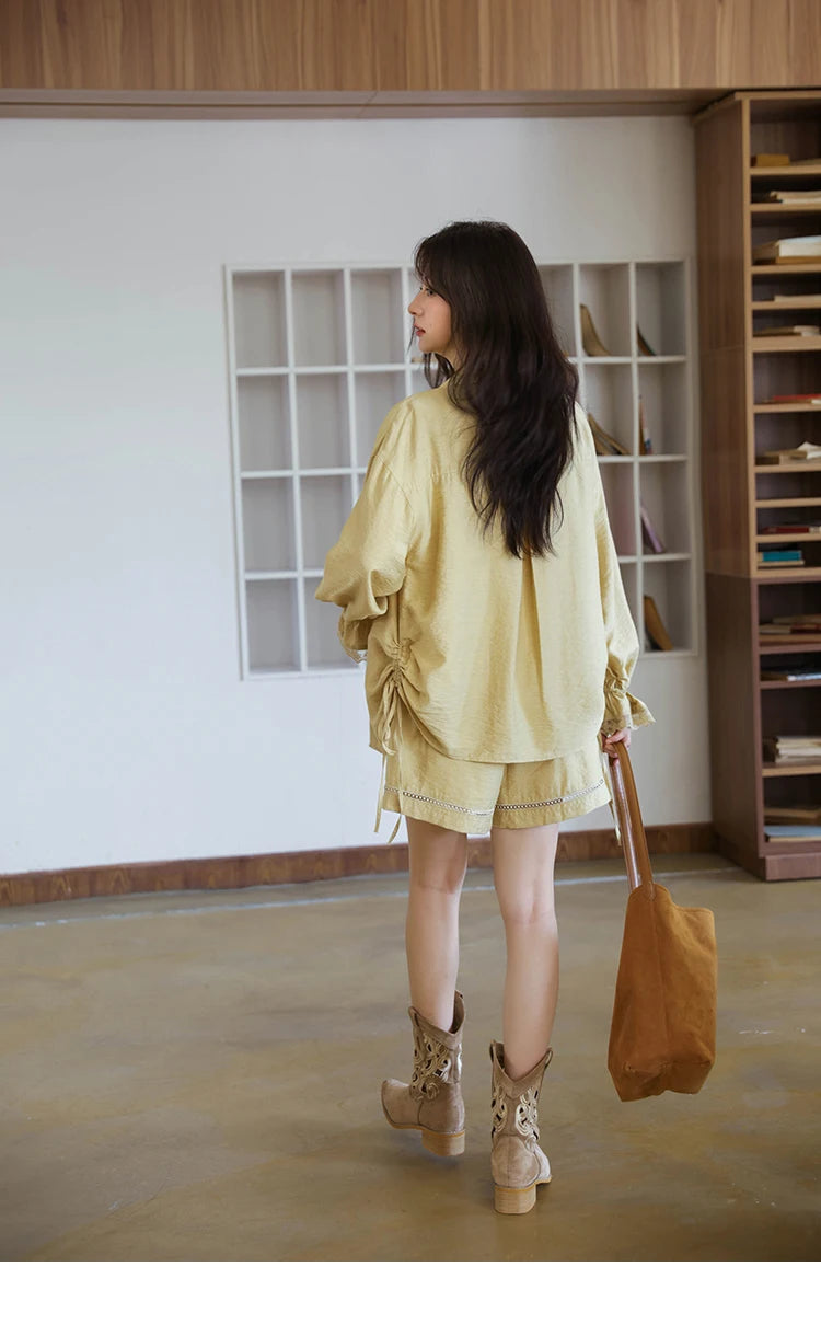 MISHOW Yellow Linen Three Piece Solid Splicing Lace Shirt Camisole Elastic Waist Shorts Vintage Hollowed Out Lace Set MXE42T0718