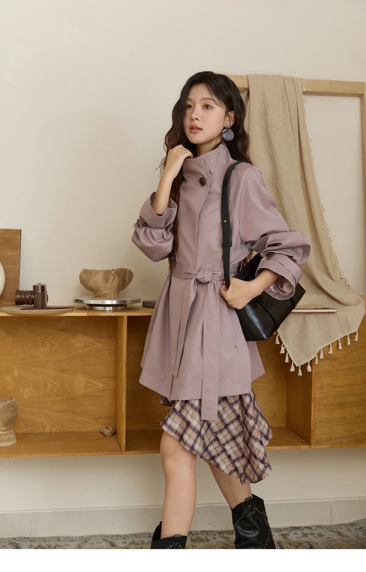 MISHOW Purple Plaid Irregular Skirt for Women Autumn 2025 Linen Blend Invisible Zipper Short Skirt Ruffle Hem Skirts MXE42B2395