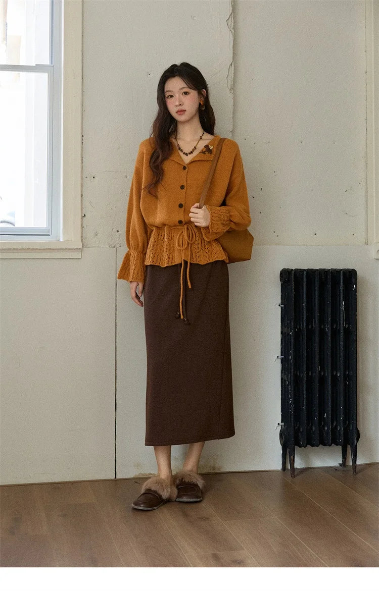 MISHOW Orange Cardigan Women 2025 Winter Retro Openwork Crochet Pattern Knit Top Loose Warm Flared Sleeves Sweater MXE87Z2685