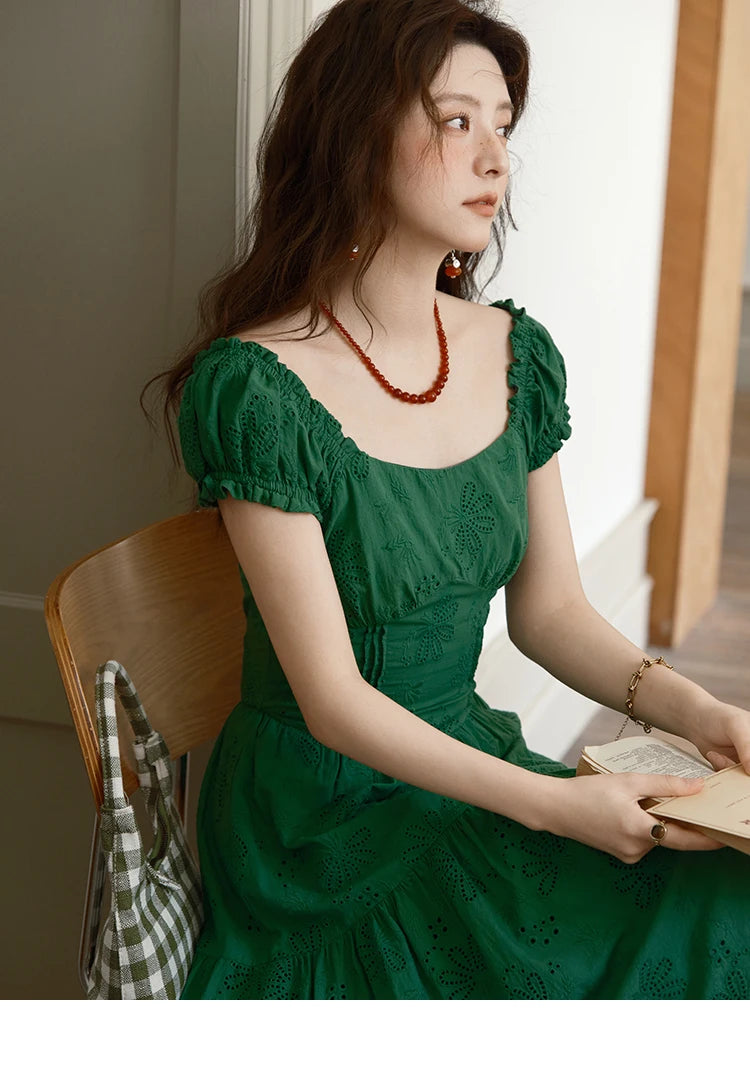 MISHOW Women's French Fashion Square Neck Dress 2025 Summer New Puff Sleeve Embroidery Midi Dresses Ladies Clothing MXE39L2325