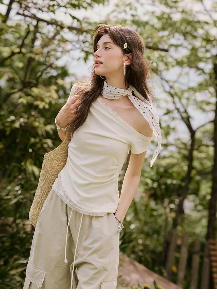 MISHOW Sexy Summer New T-shirts Women 2025 Short Sleeve Skew Collar Off-shoulder Lace Shirt Female Versatile Thin MXE31T0503