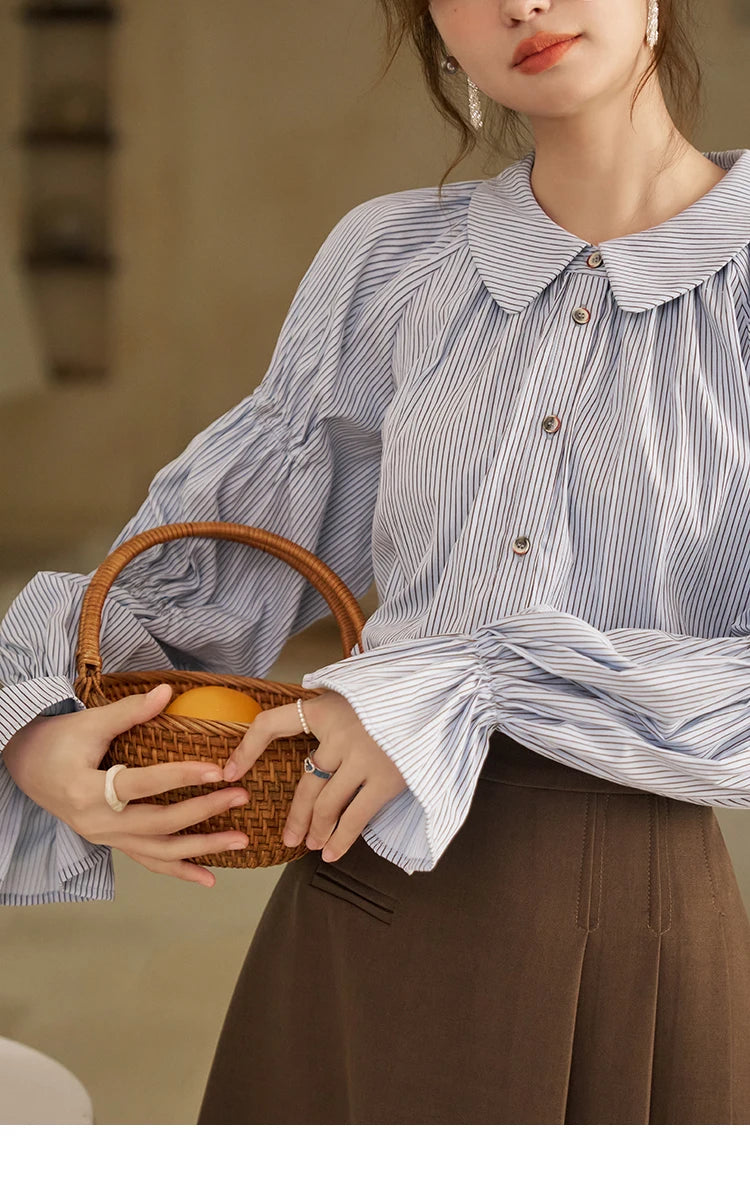 MISHOW Women's Blue Stripe Shirt 2024 Spring Fashion French Retro Bubble Sleeves Doll Neck Loose Tops Office Lady MXD12C0163