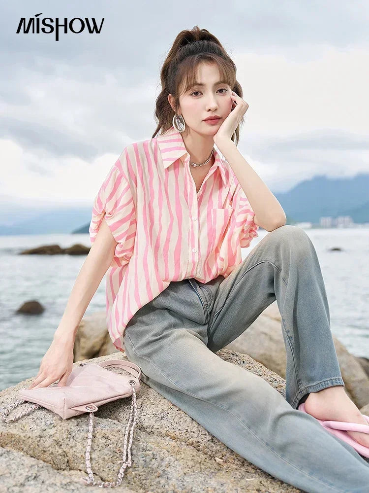 MISHOW Women's Striped Shirt 2023 Summer Korean Loose Puff Sleeve Polo Neck Pocket Casual Tops STRAIGHT Office Lady MXC38C0072