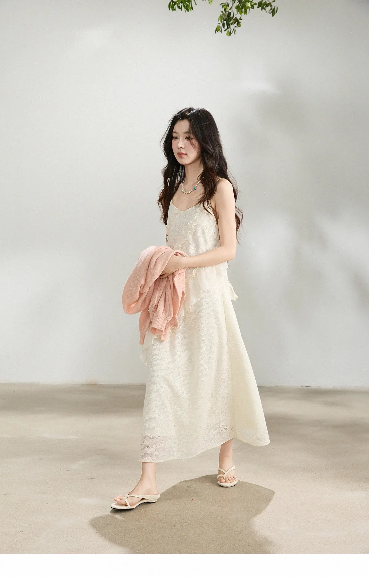 MISHOW Women's Cream Irregular Lace Slip Dress 2026 Spring V-Neck Ruffled Maxi Dresses Casual A-line Romantic Dress MXF108L1005