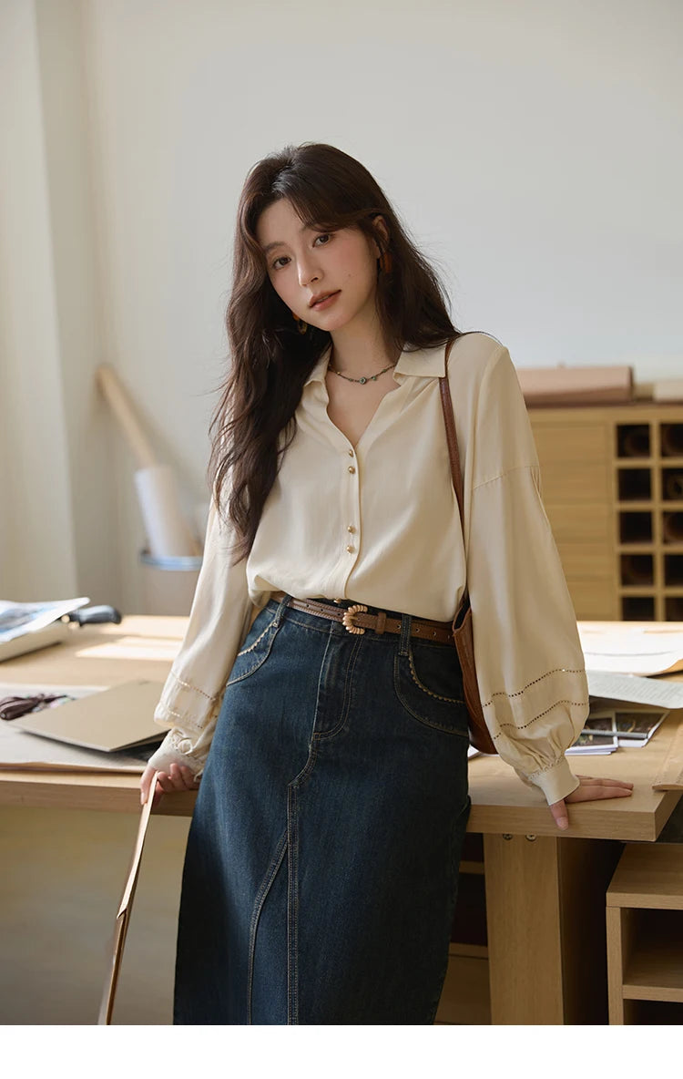 MISHOW Women's Shirt Lantern Sleeve Hollow Out Tops 2025 Autumn Single Breasted Solid Shirts Lapel Shirt Office Lady MXE41C2359