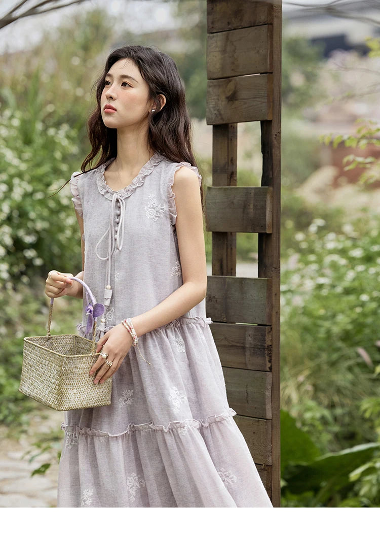 MISHOW Summer Embroidered Dress for Women 2025 New Round Neck Ruffled Sleeveless A-line Midi Dresses Female Fashion MXE33L2231