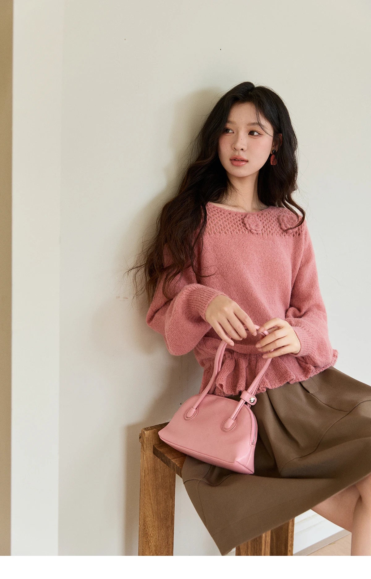 MISHOW Women's Pink Hollow-out Knitwear 2026 Spring Crew Neck Floral Embroidery Sweater Ruffled Hem Casual Loose Top MXE94Z2865