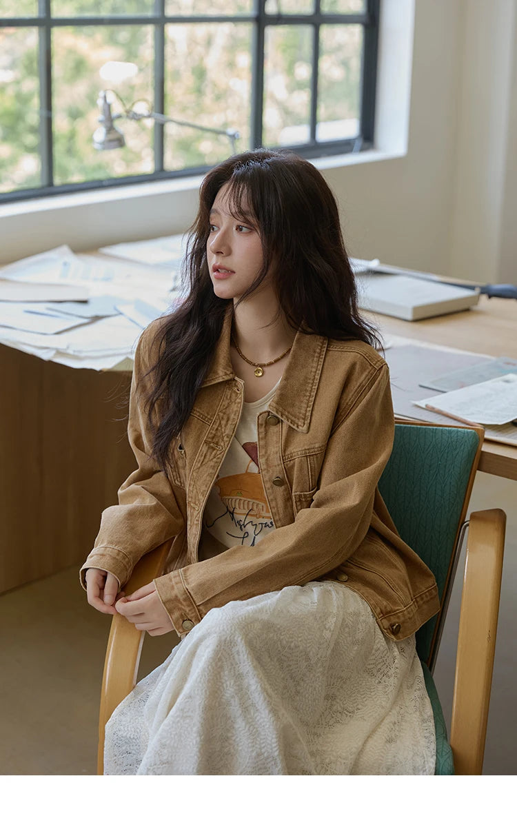 MISHOW Light Brown Vintage Denim Jacket for Women 2025 Autumn Embroidered Pockets Dropped Sleeve Retro Loose Jacket MXE41W0795