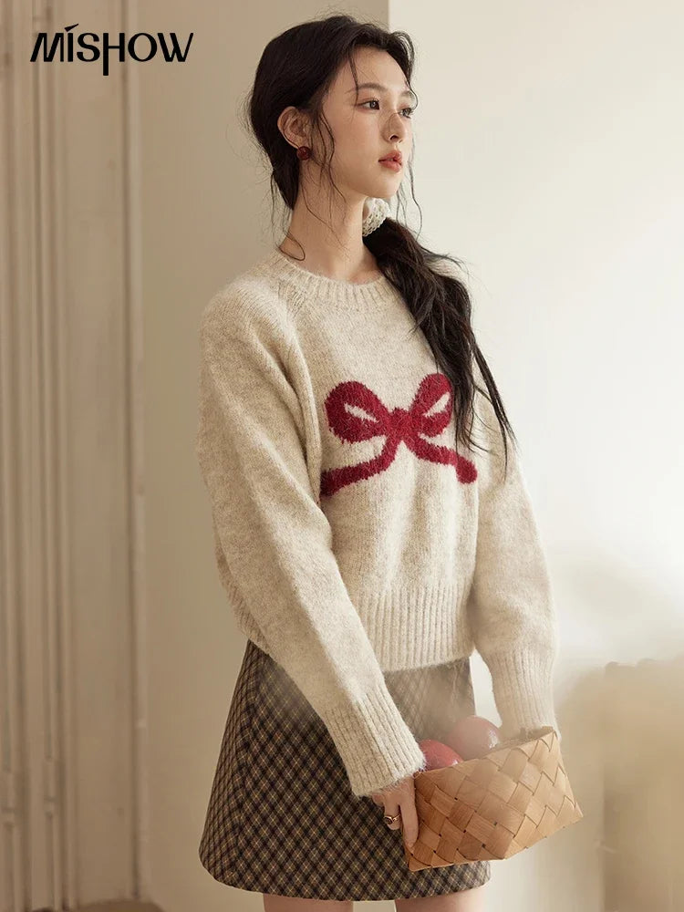 MISHOW French Beige Sweater Women Embroidered Bow Tie O-Neck Long Sleeve Top 2024 Autumn Loose Vintage Slim Outwear MXD35Z0944