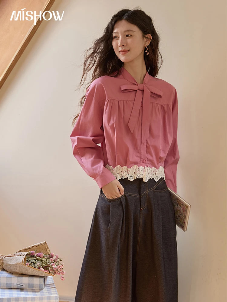 MISHOW Women's Rose Red Stand Collar Shirt 2025 Autumn Bow Tie Hem Splicing Lace Tops Elegant Shirts Office Lady MXE43C2380