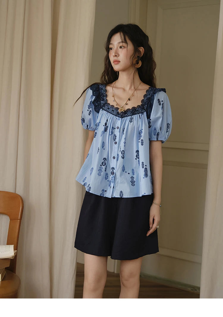 MISHOW Fashion Print Cotton Shirt for Women 2025 Summer New Puff Sleeve Lace Splicing Retro Blue Casual Button Top MXE35X1842