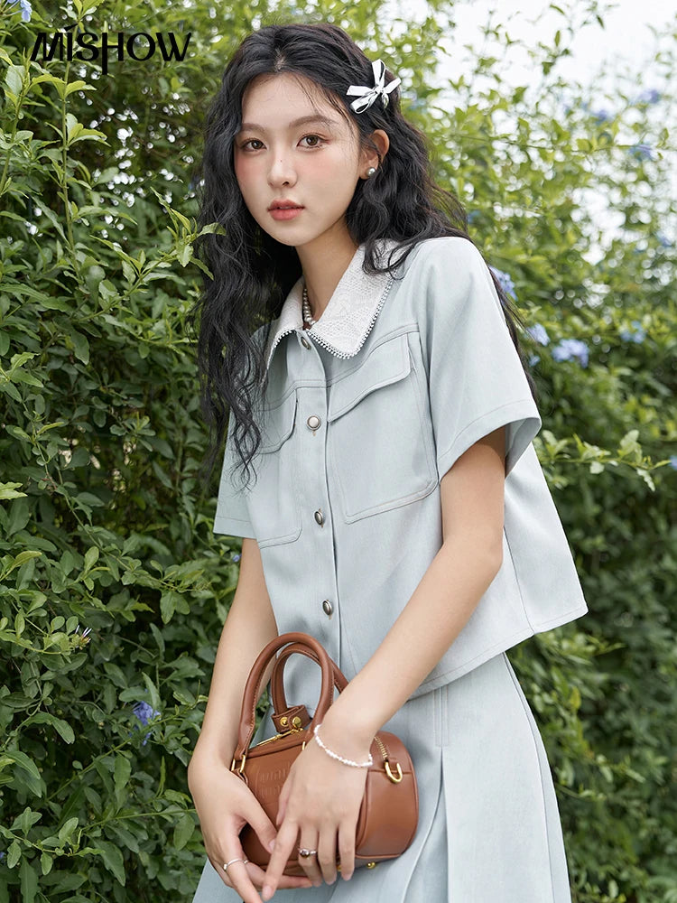 MISHOW French Fragrance Top Pleated Skirt Separately 2024 Lapel Neck Single Breasted Shirt High Waist A-line Skirts MXD24C0201