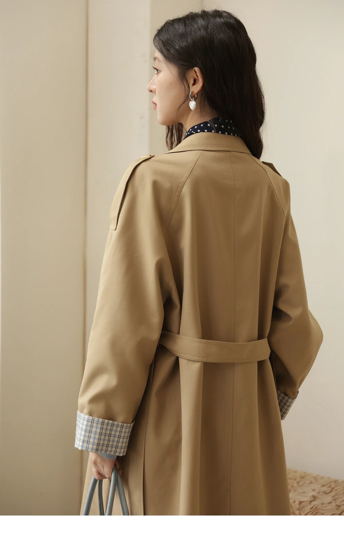 MISHOW Khaki Retro Plaid Flip Sleeve Trench Coat Autumn 2025 Double Breasted Belt Medium Length Trench Office Lady MXE44W0814