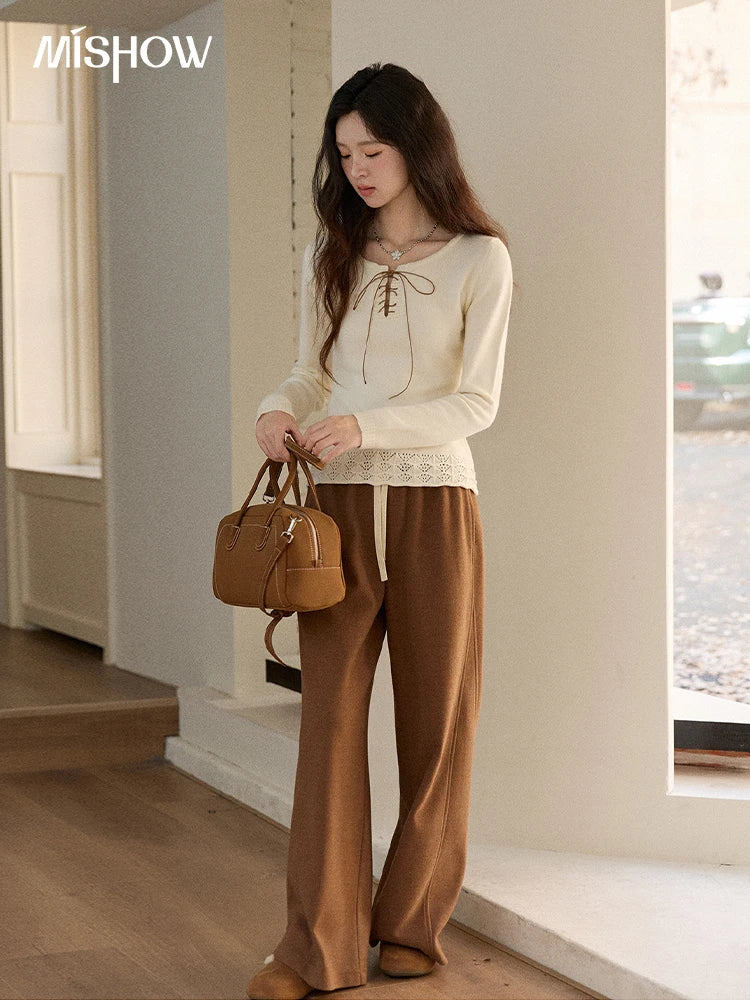 MISHOW Woman Beige Knit Top 2025 Winter Contrast Color French Style Hem Hollow Crochet Sweater Slim Long Sleeves Top MXE89Z2634
