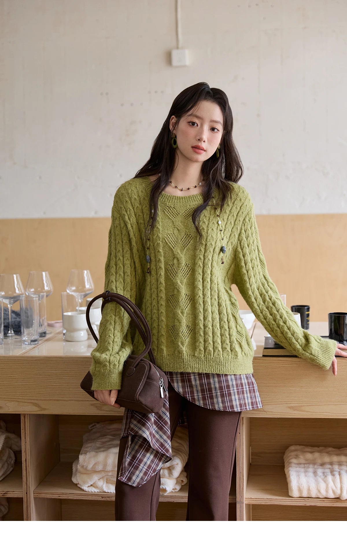 MISHOW  Sweater for Woman 2025 Autumn Winter Green Retro Twisted Rope Hollow Design Loose Knit Top Luxury Commuter MXE49Z2520