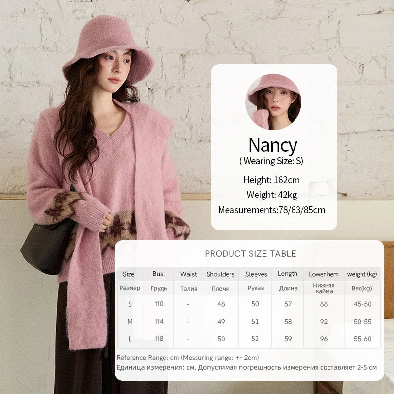 MISHOW Jacquard Pullovers for Women 2025 Winter Fashion Retro Geometric Pattern V-Neck Knitted Sweater with Shawl MXE86Z2654