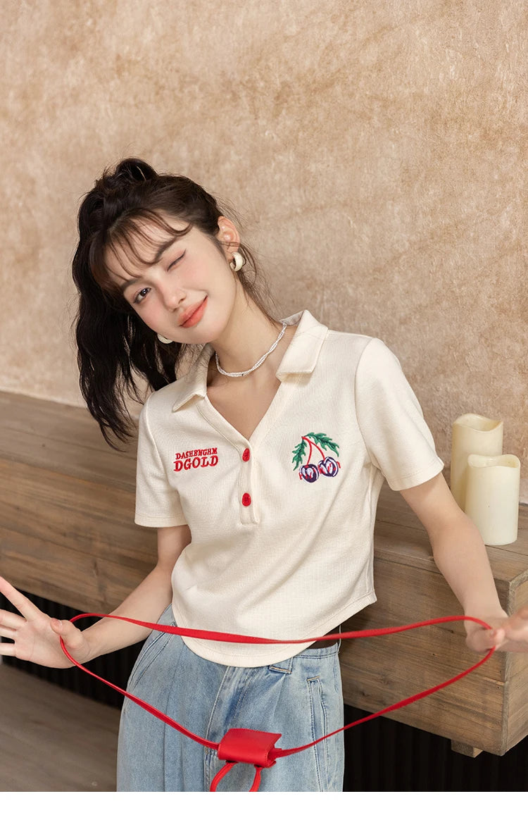 MISHOW Summer T-shirts for Women Korean Fashion Polo Collar Embroidery Letter Short Tops Harajuku Casual Solid Tees MXB32T0477