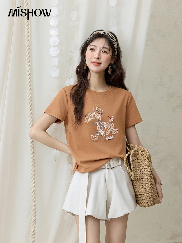 MISHOW Print Women‘s Summer T-shirts 2025 Short Sleeve Round Neck Loose Design Shirt Female Slim Embroidery Tops Lady MXE31T0550