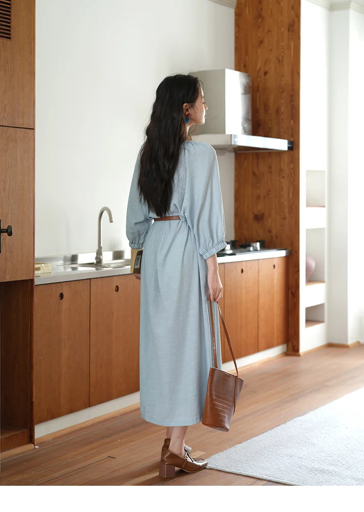 MISHOW Women's Half Sleeve Button Bamboo Knot Dress with Bohemian Belt 2025 Autumn Blue Long Dress Ladies Clothing MXE20L2468