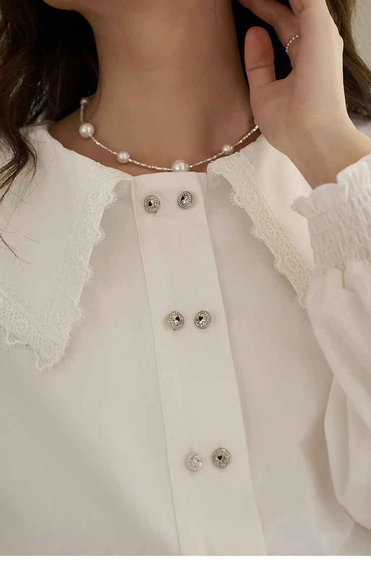 MISHOW Korean Doll Neck Shirt 2024 Spring Lace Patchwork Bubble Sleeve Elastic Hem Double Breasted Solid Short Tops MXD12C0164