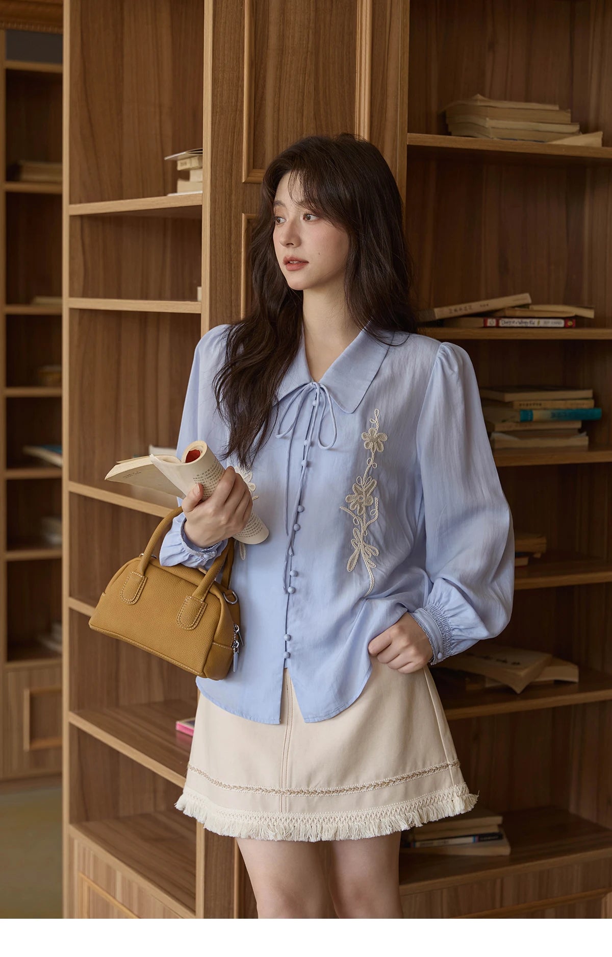 MISHOW Women's 100% Lyocell T-Shirt 2025 Autumn Flower Embroidered Tops Puff Sleeves Lapel Lace-up Shirts Office Lady MXE42C2371