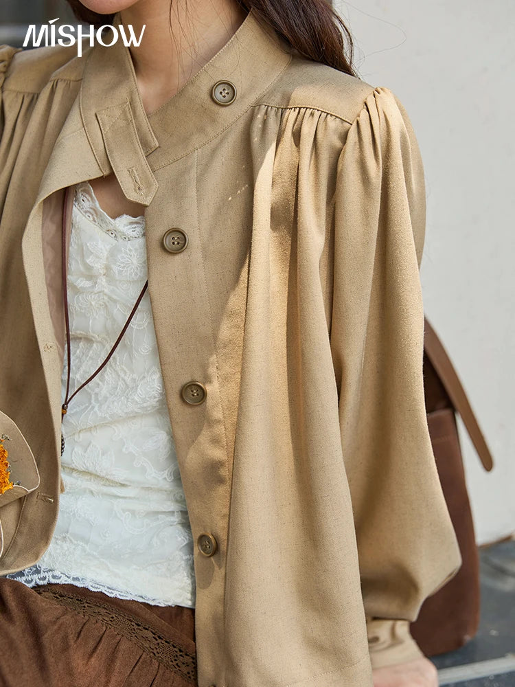 MISHOW British Trench Coat 2025 Autumn Women's Light Brown Stand Collar Coats Female Single Breasted Versatile Jacket MXE43W0802