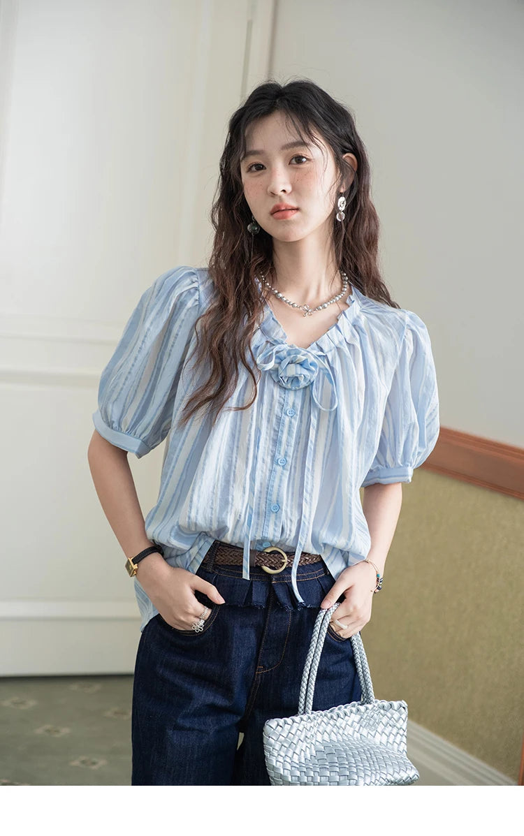 MISHOW Women's Striped Casual Shirt 2025 Summer New Lady Fashion Puff Sleeve V-Neck Button Blue Shirt Female Clothing MXE36X1870