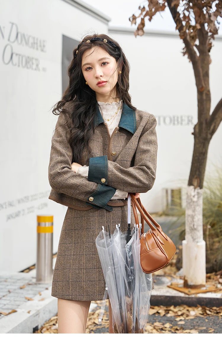 MISHOW Fashion Retro Plaid Coat Half pleated Skirt Separately 2024 Autumn Wool Jacket Retro Skirt Office Lady MXC47W0154