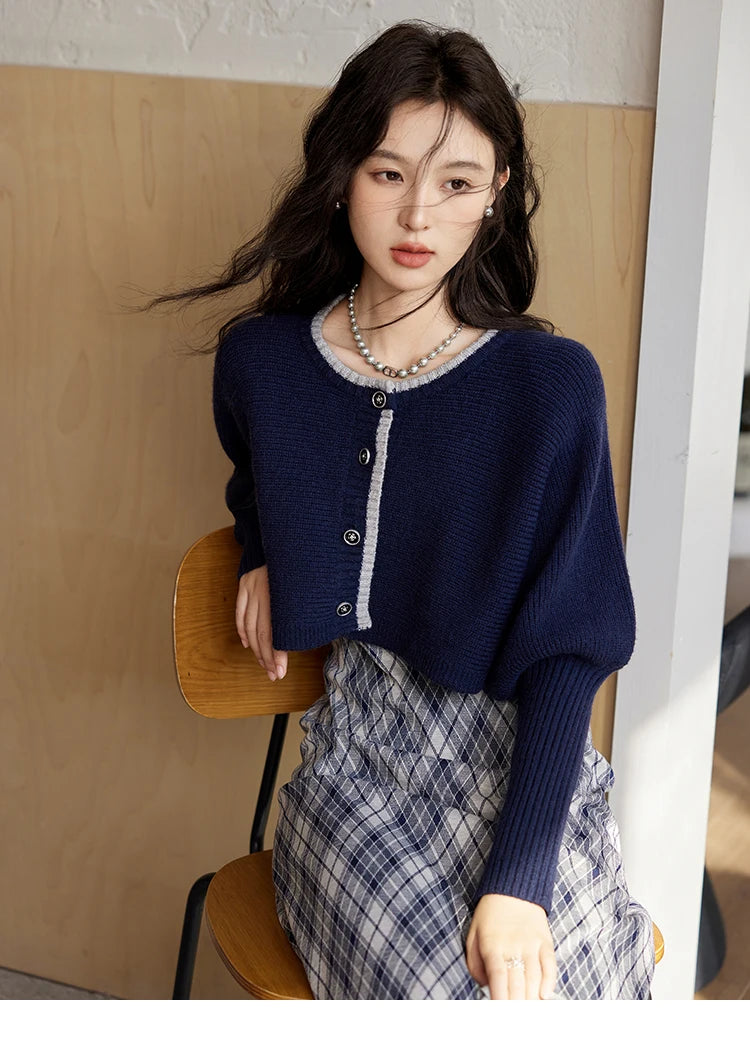 MISHOW French Vintage Dress O Neck Knitted Cardigan Separately Women Sweet Knitted Short Sweater Plaid Camisole Dress MXD43L2012