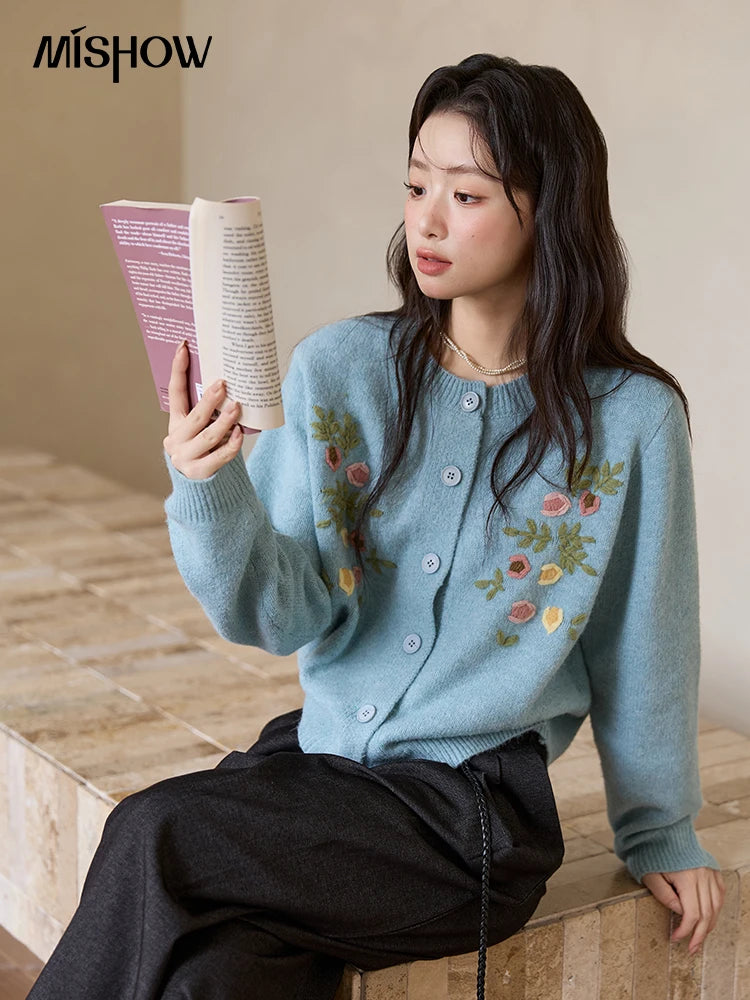 MISHOW Blue Floral Embroidered Cardigan for Women 2025 Autumn Winter New Loose Crew Neck Long Sleeves Sweater Wool MXE51Z2695