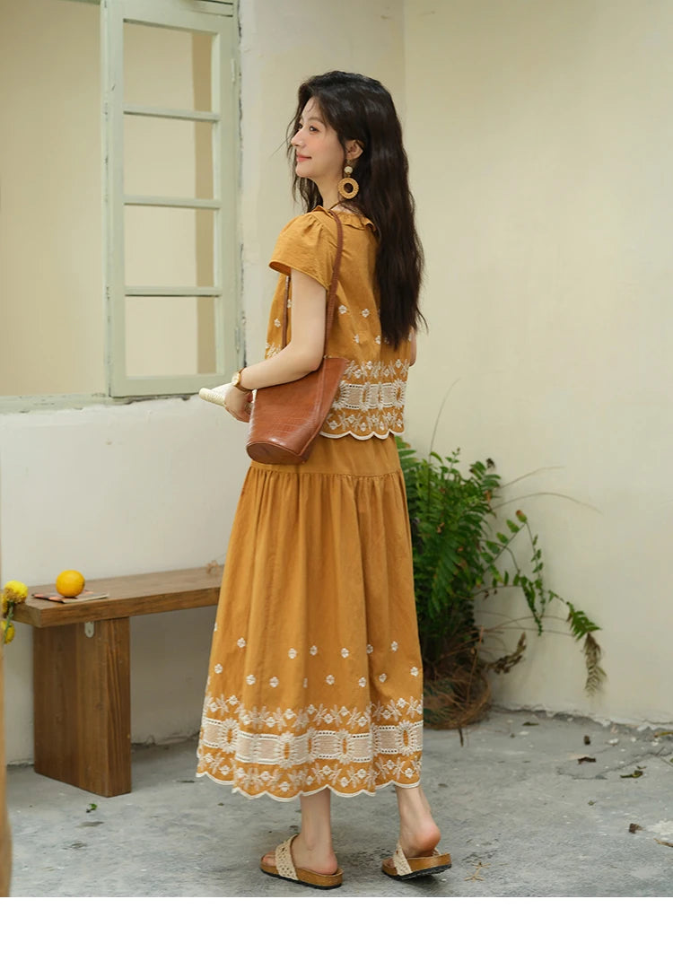 MISHOW Women's Clothing Two Piece Set 2025 French Lace Embroidery Blouse A-line Straight Half Skirt Ladies Summer Set MXE39T0645