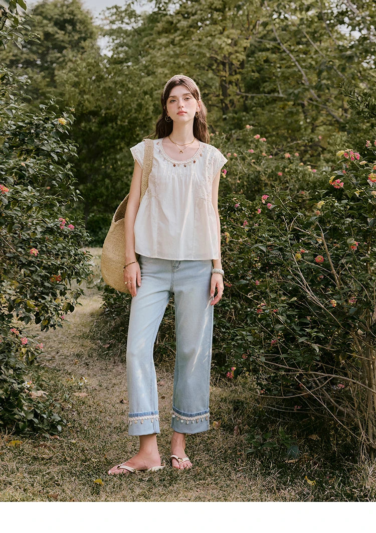 MISHOW French Summer Elegant Blouses Women 2025 Solid Short Flying Sleeve Round Neck Hollow Lace Shirts Woman Fashion MXE33X1778