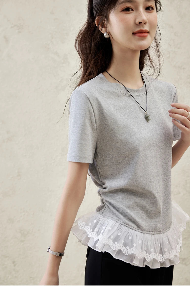 MISHOW Lace Hem Splicing T-shirt for Women Spring/summer 2025 Round Neck Versatile Top Streetwear Solid Casual Tees MXE31T0528