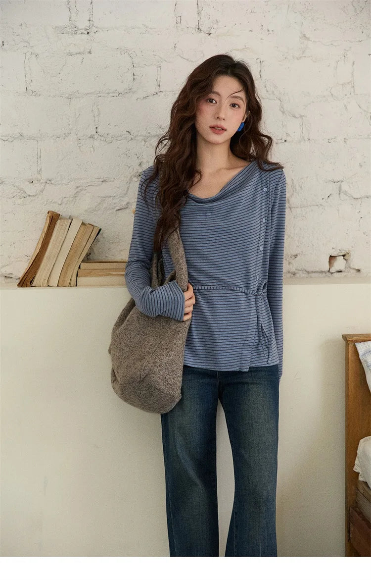 Mishow Retro Crew Neck Tie-Up Striped Top MXE87Z2700