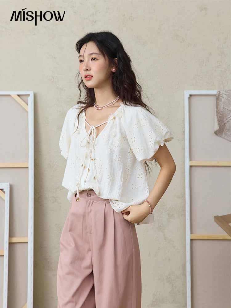 MISHOW Fashion Embroidery Jacquard Design Short Sleeve Shirt for Women 2025 Summer New V-neck Lace Up Retro Loose Top MXE35X1790