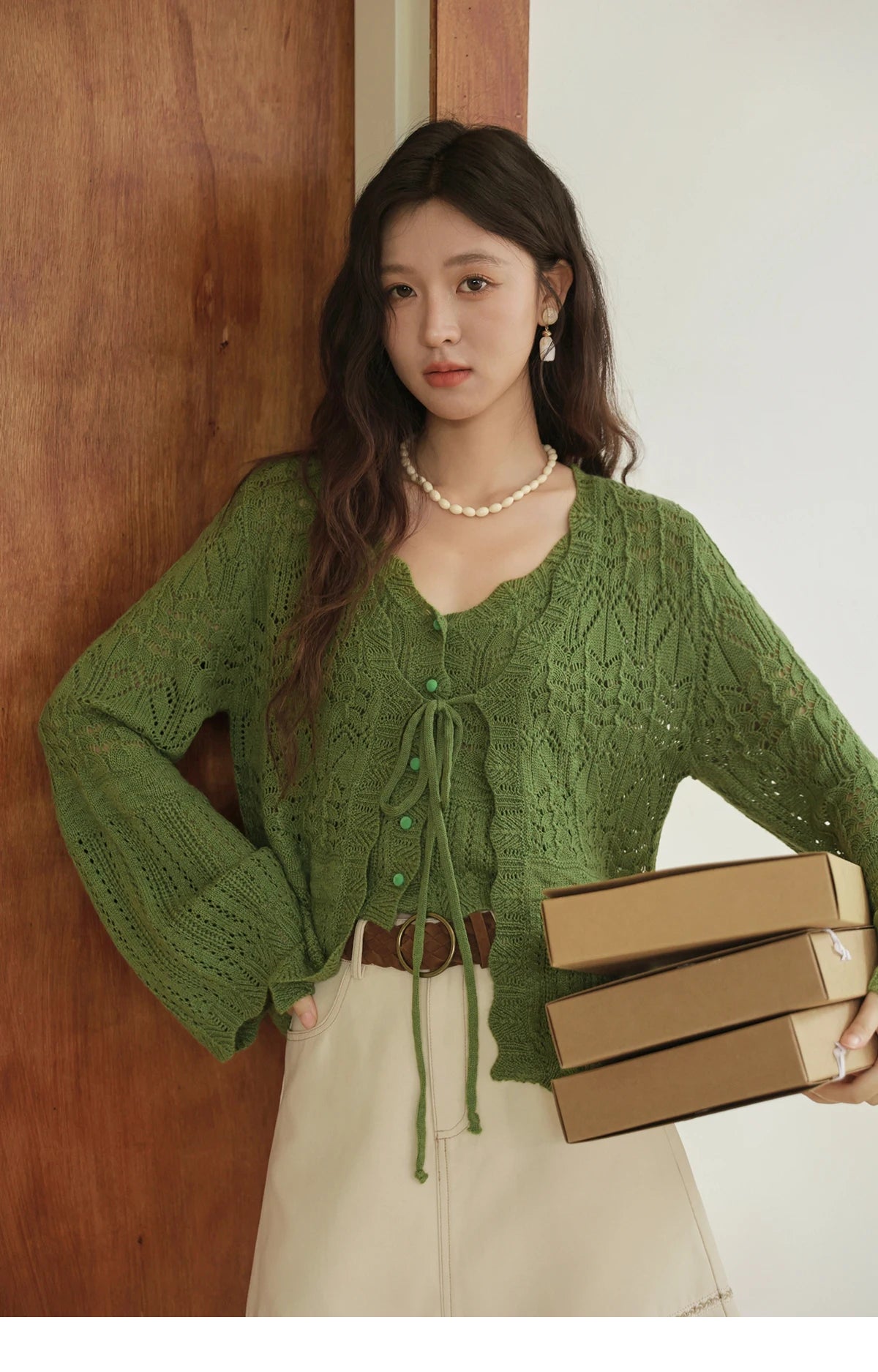 MISHOW Women's Wool Knitted Suit Autumn 2025 Flared Sleeves Lace-up Cardigan Single-breasted Camisole Two-piece Set MXE42T0717