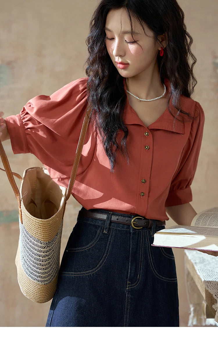 MISHOW Women's Short Sleeve Shirt Summer Thin Casual Simple Loose Elegant Blouses for Women 2024 Fashion Lapel Tops MXD28C0247