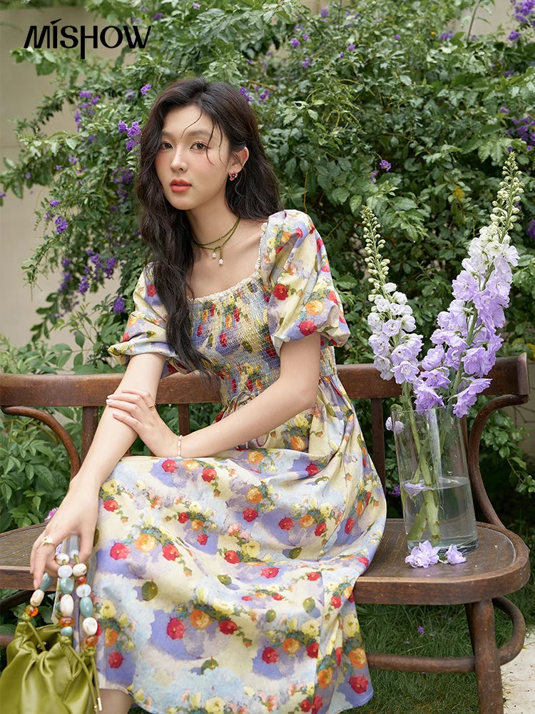 MISHOW Floral Smocked Midi Dresses for Women 2025 Summer Puff Short Sleeve Beach Vacation Beach French Retro Dress MXD24L1905