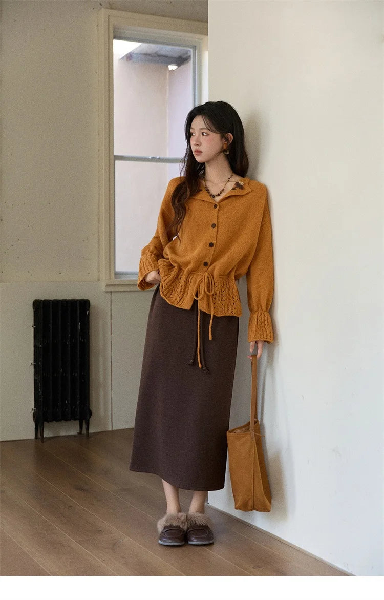 MISHOW Orange Cardigan Women 2025 Winter Retro Openwork Crochet Pattern Knit Top Loose Warm Flared Sleeves Sweater MXE87Z2685