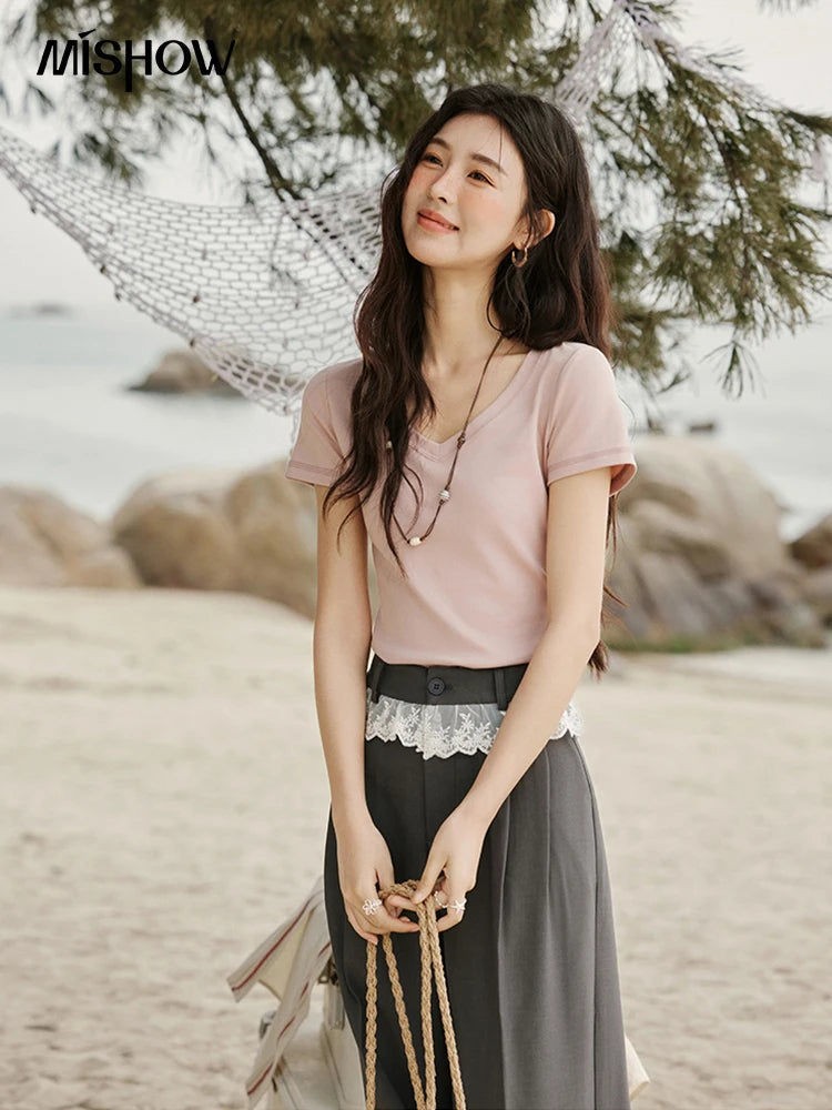 MISHOW Cotton Casual T-shirts Women New 2025 Short Sleeve V-neck Solid Versatile Shirt Female Fashion Basic Tops Lady MXE33T0519