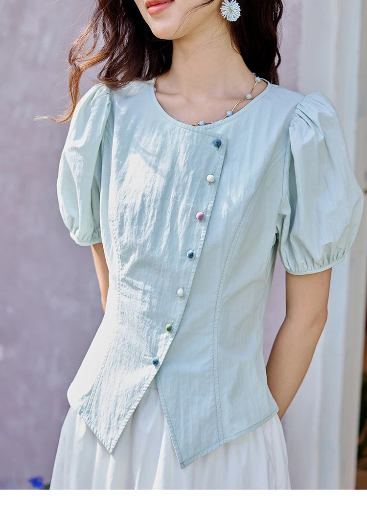 MISHOW Bubble Sleeves  Blouses for Women Summer 2025 Irregular Placket Tops Rainbow Button Solid Blouse Office Lady MXE34X1782