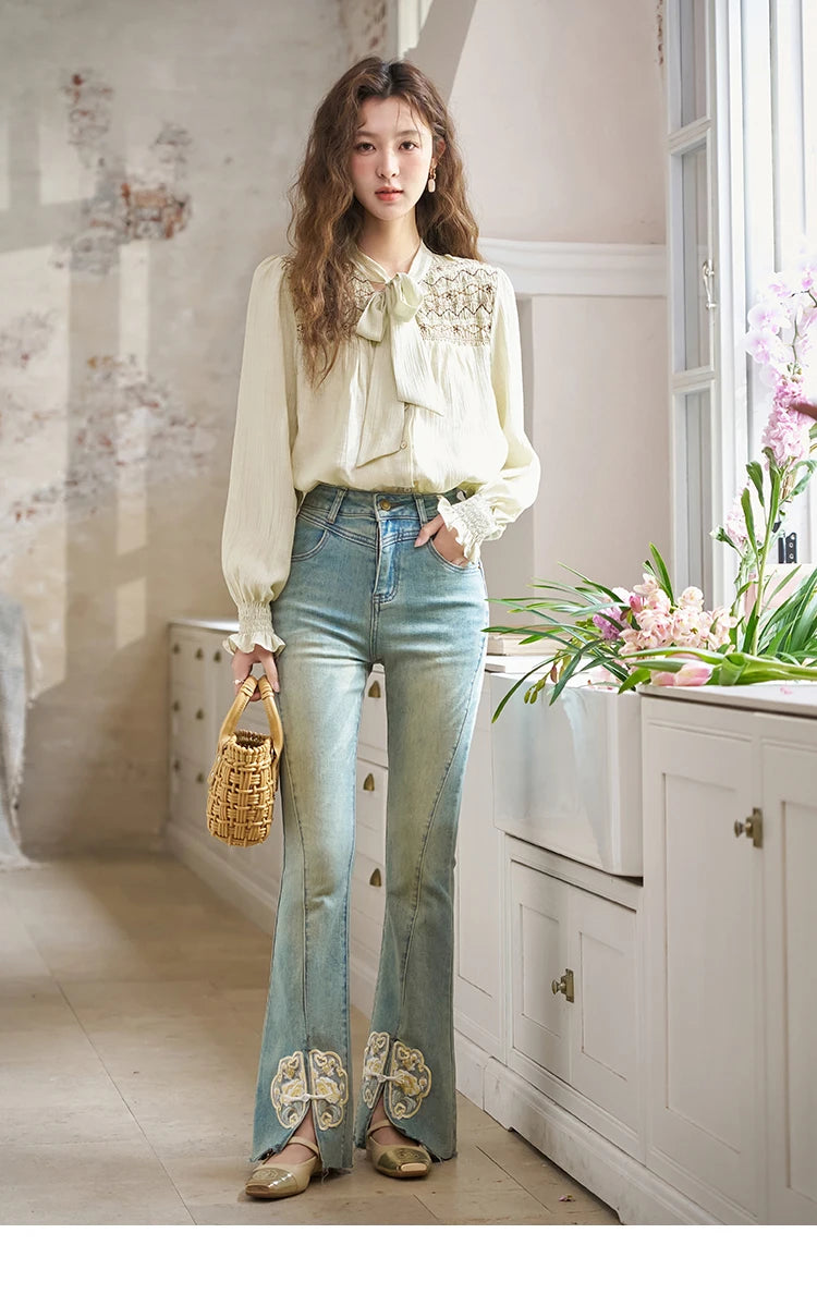 MISHOW Ribbon Collar Shirt for Women Autumn 2025 Sweet Cuffs Pleated Embroidered Petal Sleeve Loose Top Office Lady MXD14C0226