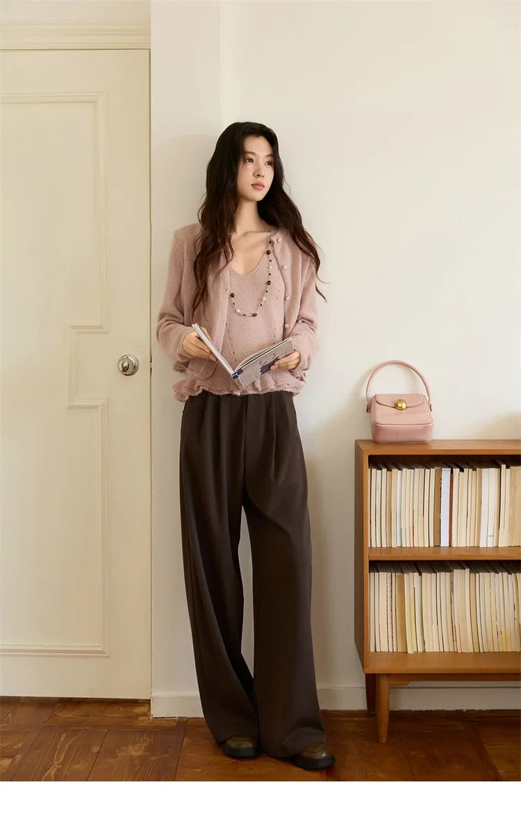 MISHOW Knit Cardigan for Women 2025 Autumn Elegant Pink Crew Neck Cardigan Loose Suspenders Two-piece Suit for Women MXE48T1404