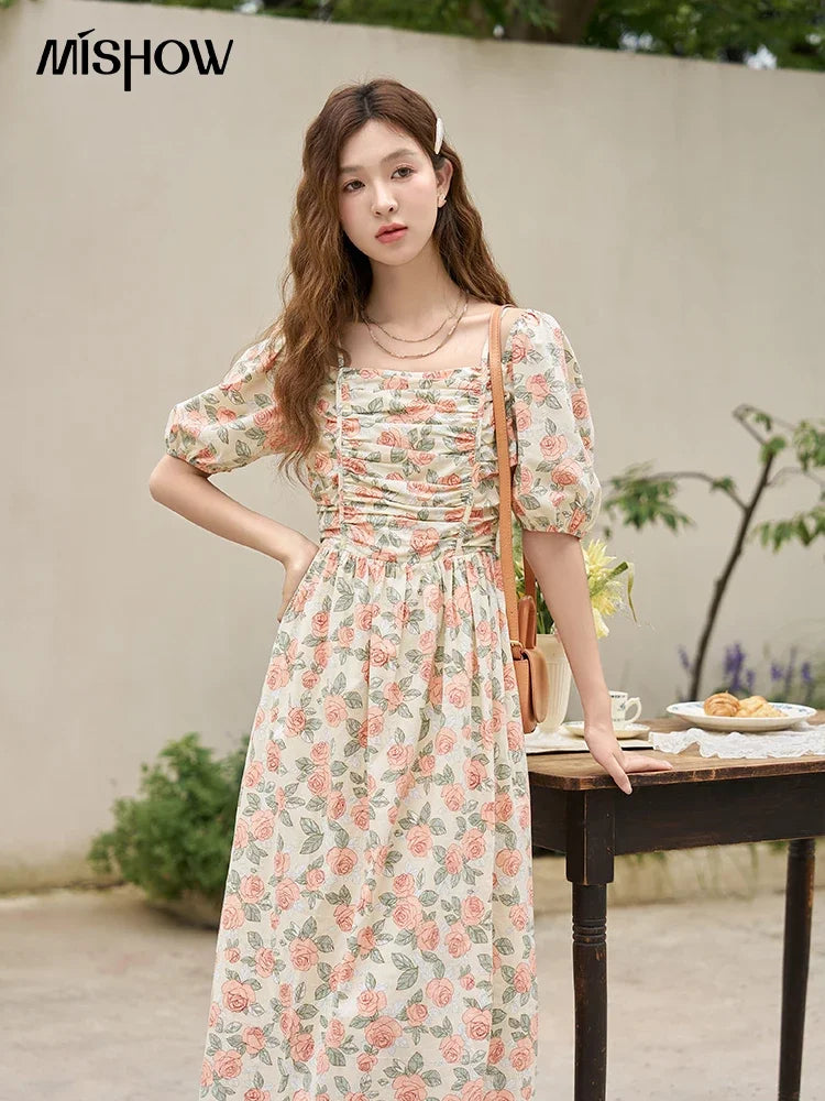 MISHOW Floral Dress 2023 Summer French 100 Cotton A-LINE Puff Sleeve Slash Neck Square Neck Folds Waist Long Dresses MXC33L1397