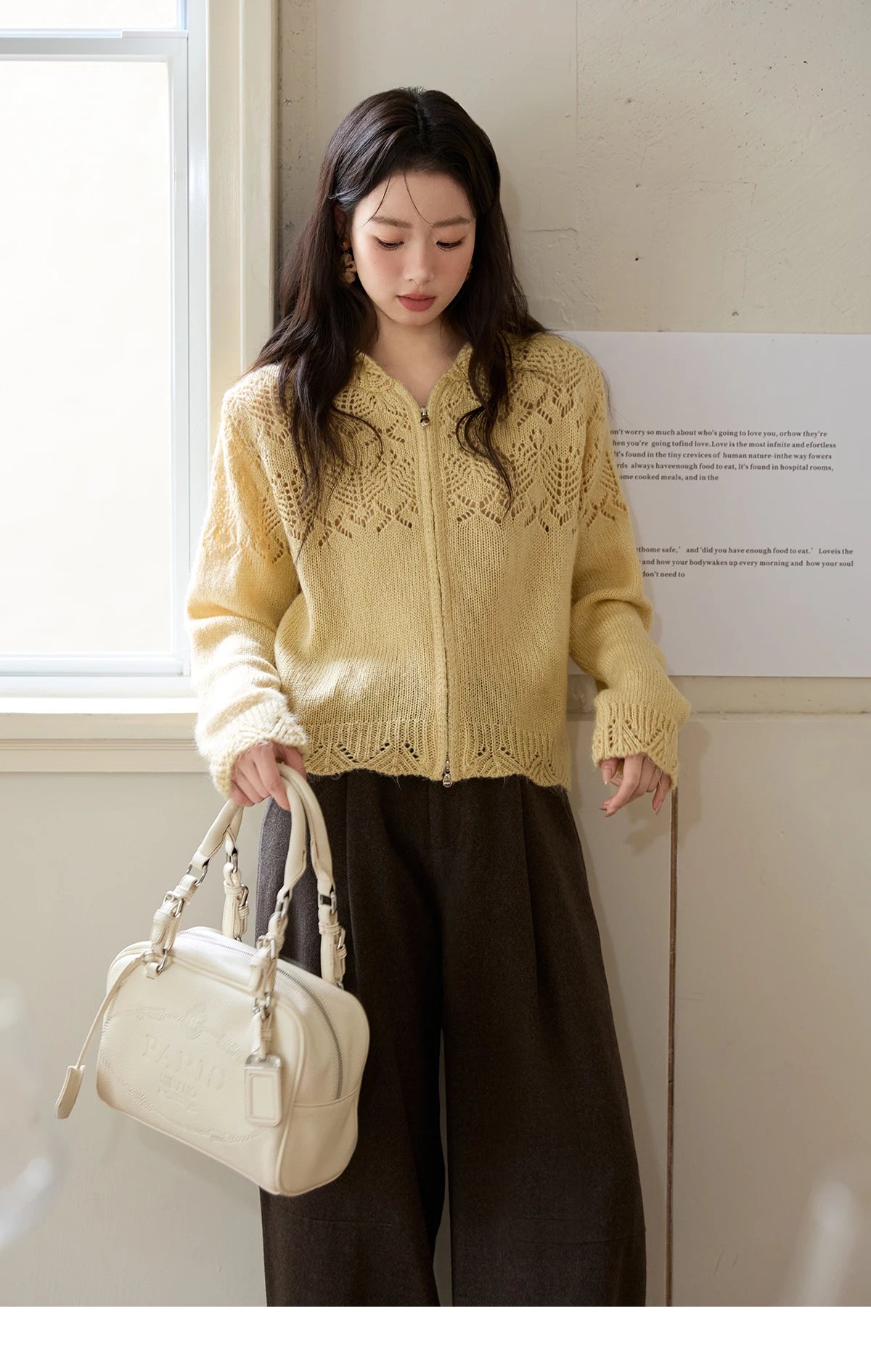 MISHOW Yellow Hollow Out Cardigan Women 2025 Autumn Winter New Hooded Zipper Sweater Loose Casual Bottoming Tops MXE46Z2584