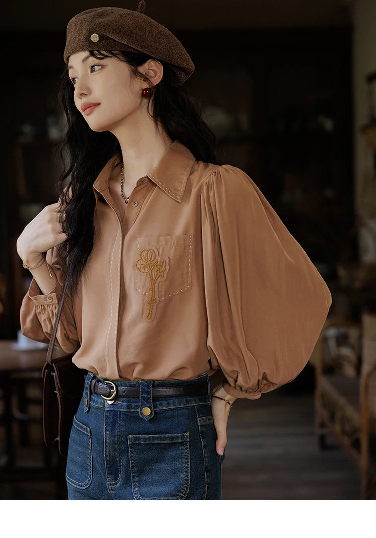 MISHOW Hong Kong Retro Solid Long Sleeve Shirt 2024 Autumn Temperament Loose Tops Lantern Sleeve Embroidery Shirts MXD41C0287