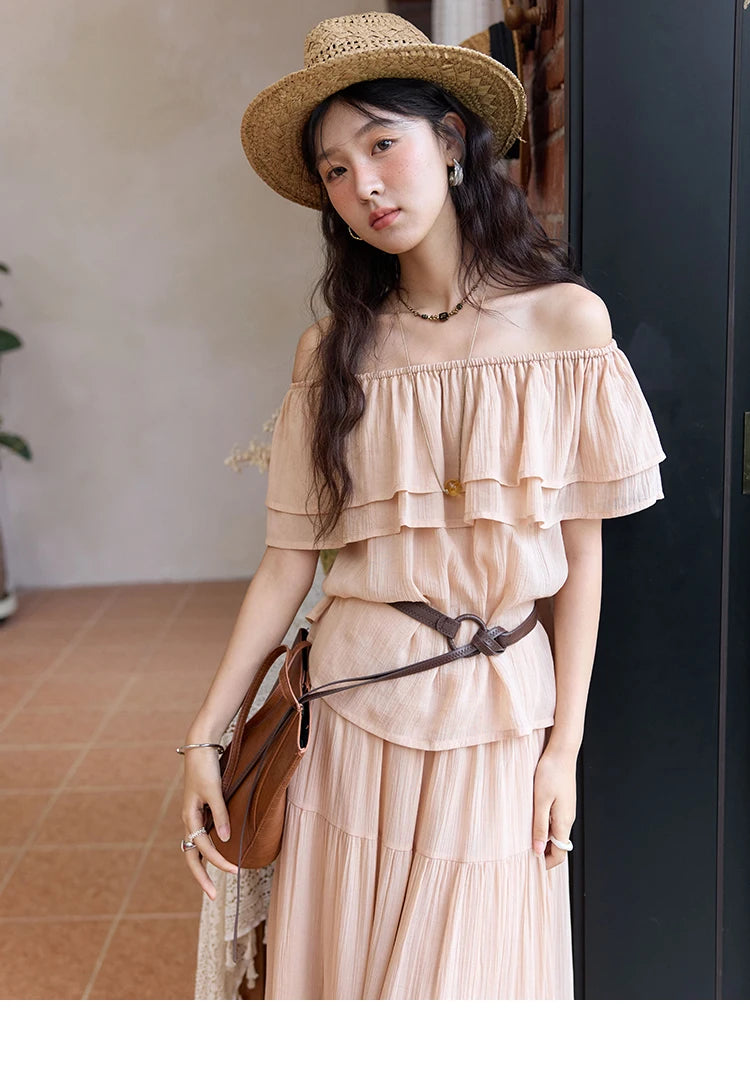 MISHOW Women Fashion Two-Piece Set 2025 Summer Loose Lotus Leaf Edge Off Shoulder Top Elastic Waist Skirt Ladies Set MXE36T0637