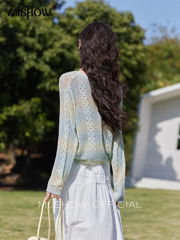 MISHOW Gradient Blue Green Knitted Sweater Women 2025 Autumn Long Sleeve V-neck Drawstring Tops New Fashion Sweaters MXE16Z1171