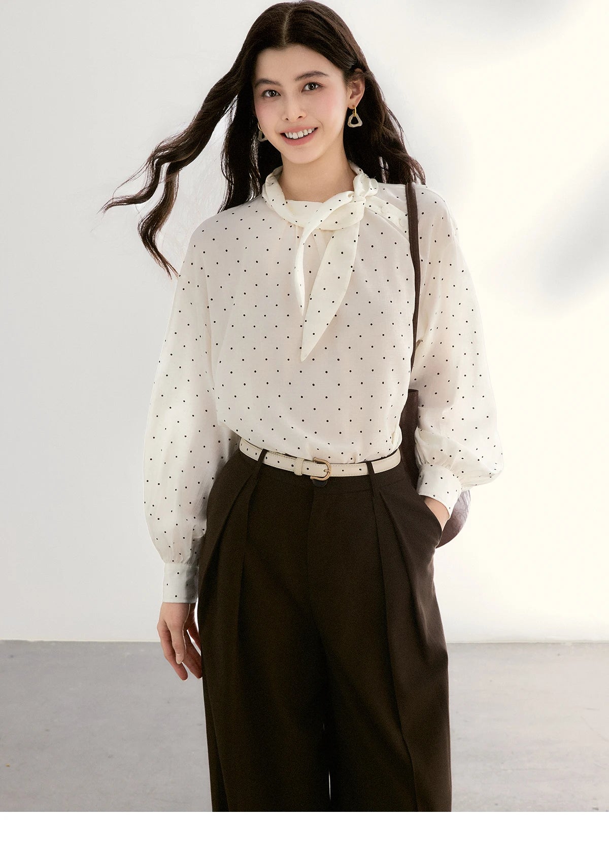 MISHOW Women's White Polka Dot Blouse Spring Bow Tie Neck Sheer Chiffon Blouses Casual Long Sleeve Top Office Lady MXF13X2531