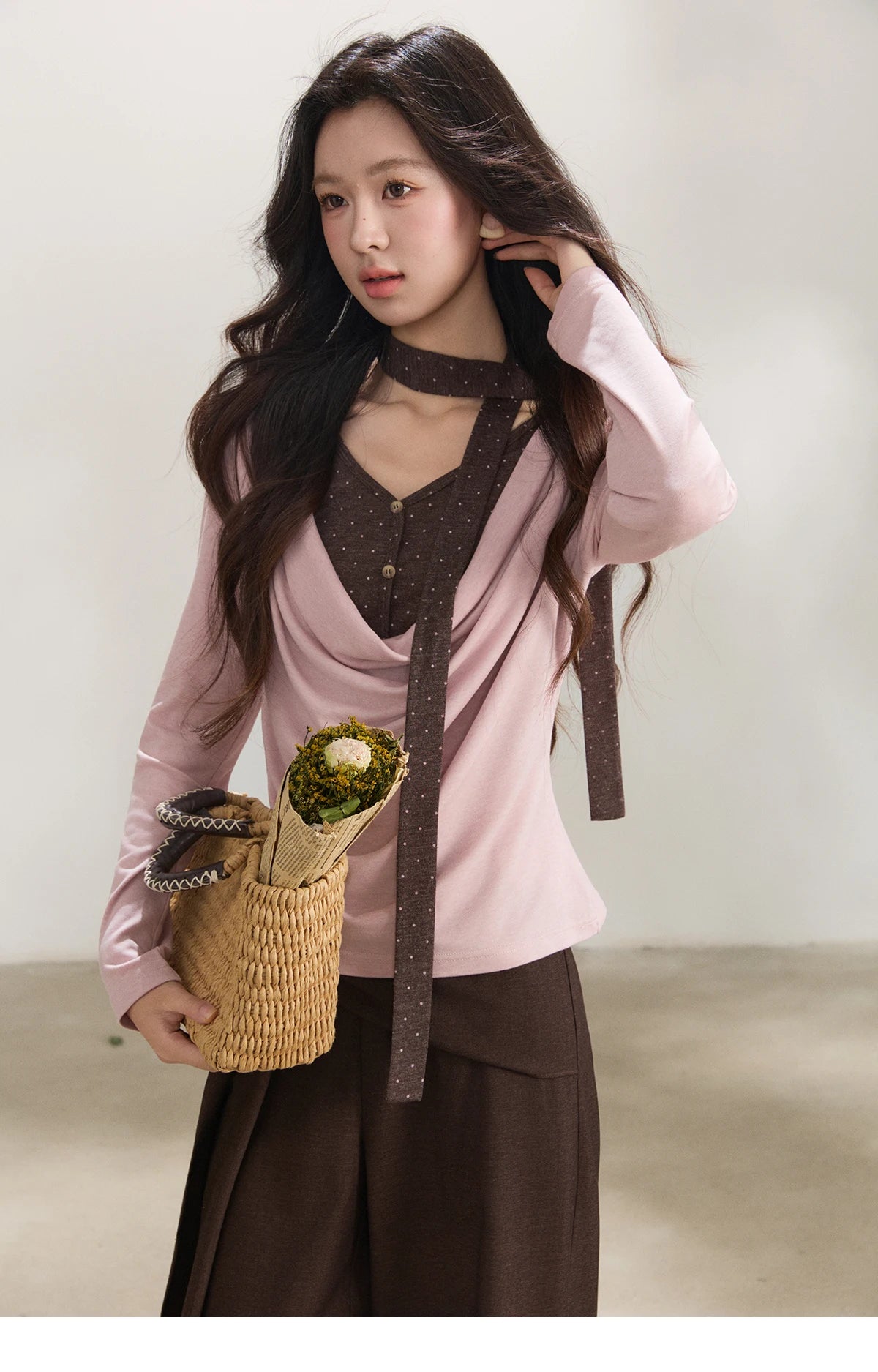 MISHOW Women's Wool Blend Fake Two Piece Draped Neck Knit Top 2026 Spring Wave Point Ribbon Contrast Color Casual Top MXF13Z2977